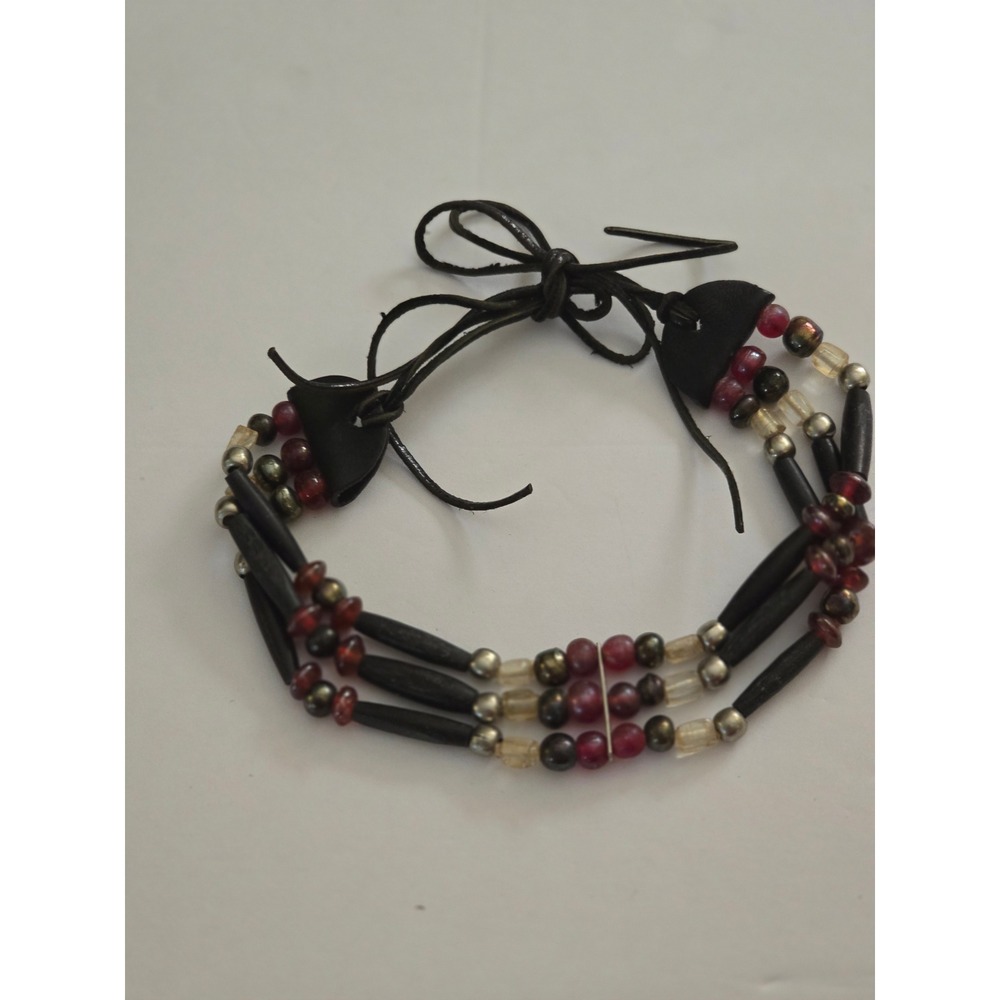 Vintage Tribal 3 Strand Beaded Choker Necklace Black Hairpipe Red Glass Leather
